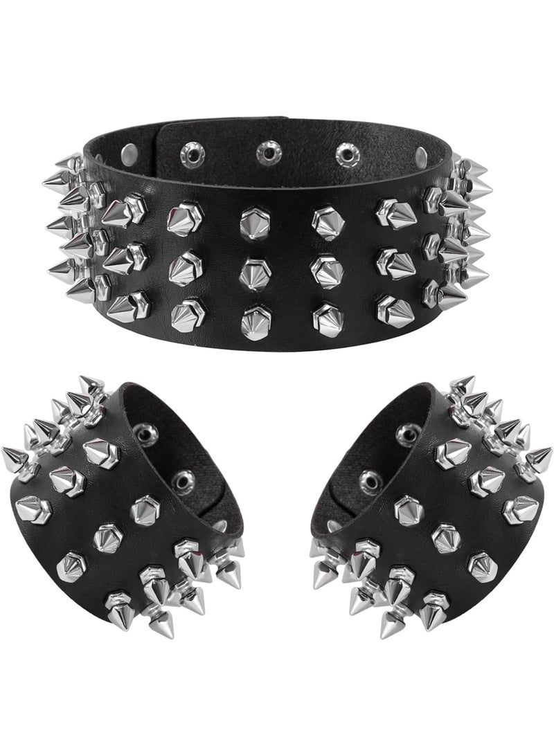Luckam 3 Pcs Punk Studded Bracelet Rivets Bracelet, Pirate Rock Punk Biker Wide Strap Leather Bracelet, Metal Spike Studded Rivets Bracelet Cuff for Mens Womens Rock Vintage   Style Adult - Image 1