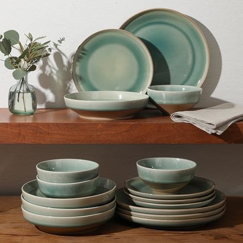 Gibson Elite Hailstone 16 Piece Stoneware Reactive Glaze (Service for 4) Ceramic Plates and Bowls Dinnerware Set - Tropical Green - Image 4