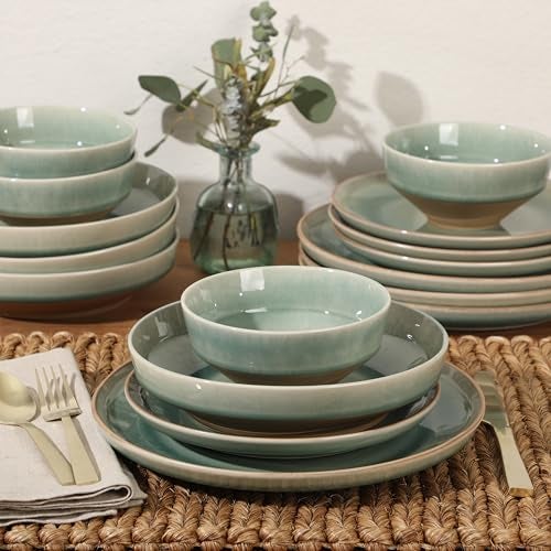 Gibson Elite Hailstone 16 Piece Stoneware Reactive Glaze (Service for 4) Ceramic Plates and Bowls Dinnerware Set - Tropical Green - Image 5