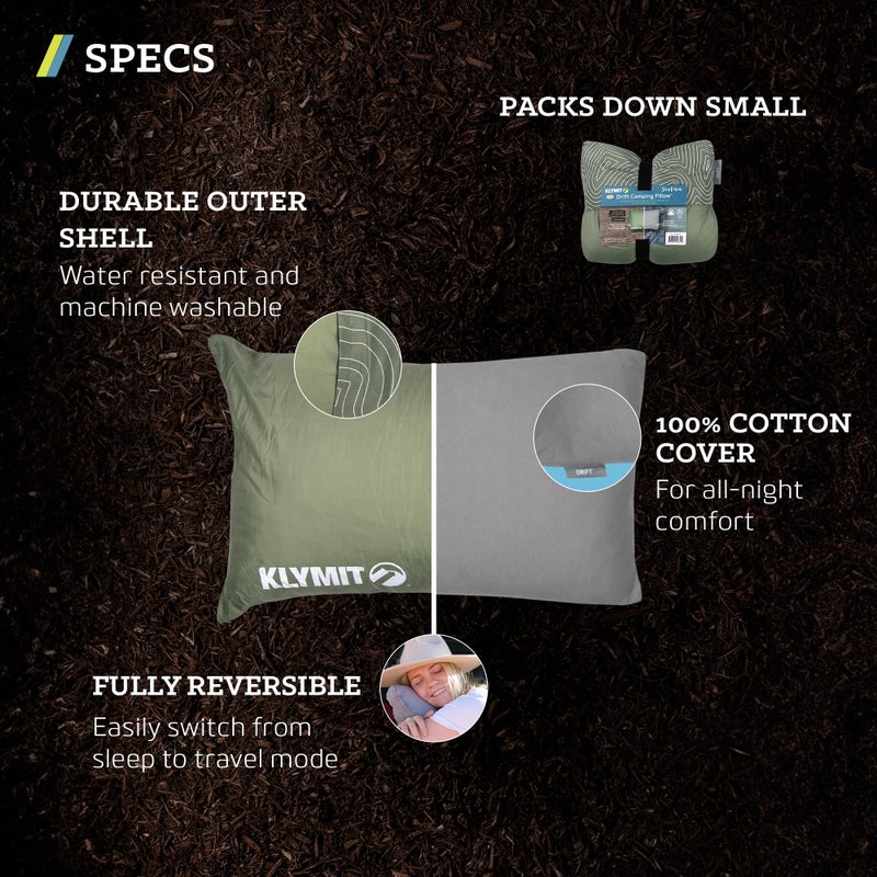 Klymit Drift Camping Pillow, Shredded Memory Foam Travel Pillow with Reversible Cover for Outdoor Use, Green, Large - Image 2
