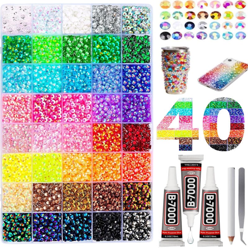 MeiAid Multicolor High-Gloss Resin Flatback Rhinestones (3mm) with 3Pcs B7000 Jewelry Glue - DIY Bedazzling Kit for Diamond Art, Nail Art & Crafts (32000) - Image 1