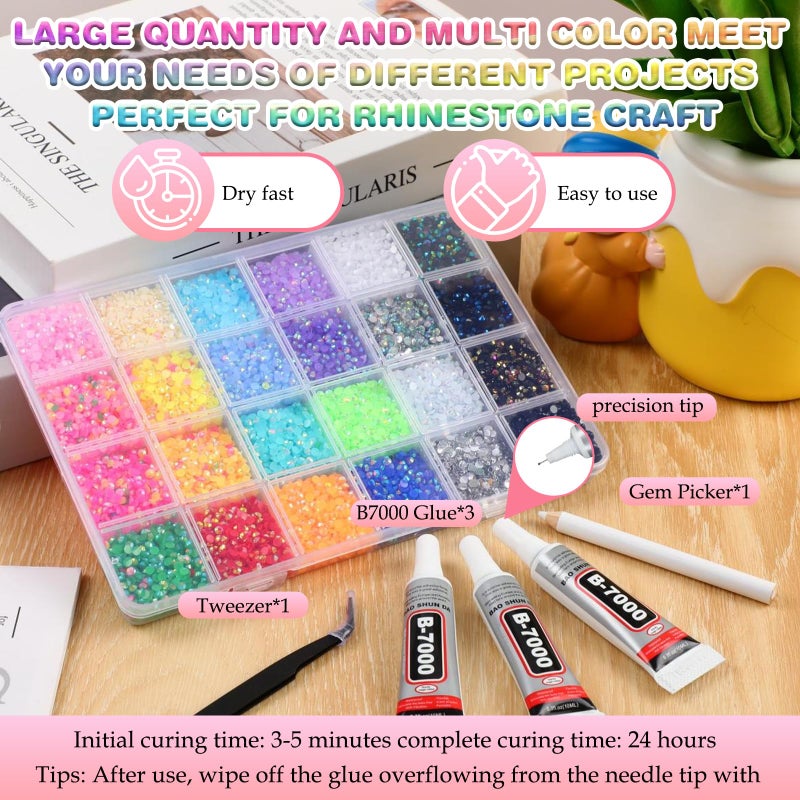 MeiAid Multicolor High-Gloss Resin Flatback Rhinestones (3mm) with 3Pcs B7000 Jewelry Glue - DIY Bedazzling Kit for Diamond Art, Nail Art & Crafts (32000) - Image 3