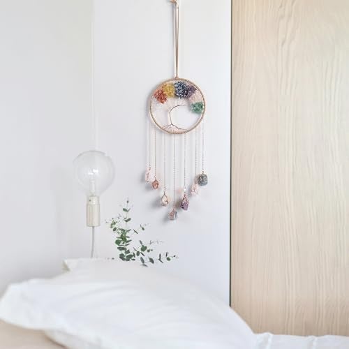 Dreamsum 7 Chakra Wind Chimes Raw Stone Tree of Life Dream Catchers Hanging Ornament Natural Crystal Wind Chime for Home Garden Decoration(Gold) - Image 3