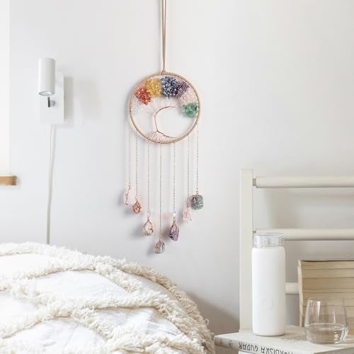 Dreamsum 7 Chakra Wind Chimes Raw Stone Tree of Life Dream Catchers Hanging Ornament Natural Crystal Wind Chime for Home Garden Decoration(Gold) - Image 2