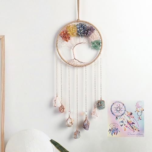 Dreamsum 7 Chakra Wind Chimes Raw Stone Tree of Life Dream Catchers Hanging Ornament Natural Crystal Wind Chime for Home Garden Decoration(Gold) - Image 1