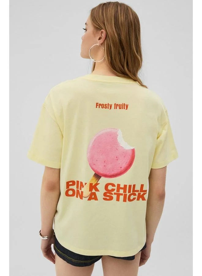 GRIMELANGE MOCHI Women's 100% Organic Cotton Round Neck Printed Yellow T-Shirt.