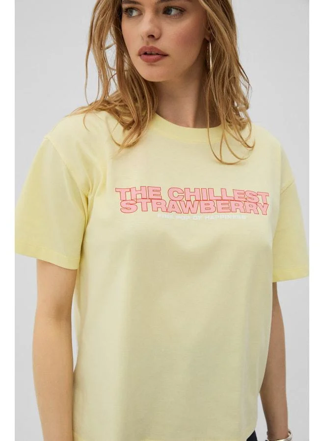 GRIMELANGE MOCHI Women's 100% Organic Cotton Round Neck Printed Yellow T-Shirt.