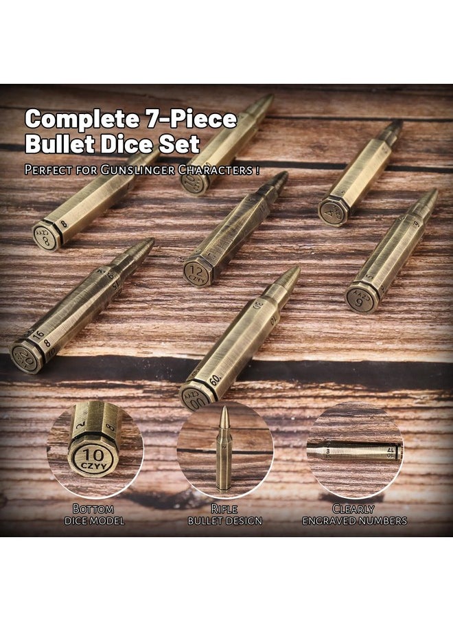 CZYY - Rifle Bullet Dice Set - Solid Metal 7 Polyhedral Dice Set With Spinning Container Case & Cartridge Holder Belt - Perfect Role Playing Dice Set For D&D, Tabletop Games (Bronze) - Image 1