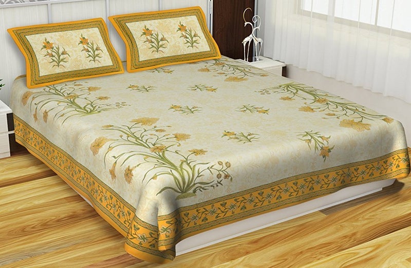 ART WORLD King Size Double Bed Sheet with Pillow Covers Pure Cotton Rajasthani Jaipuri Traditional Printed Bedcover (Yellow, King) - Image 5