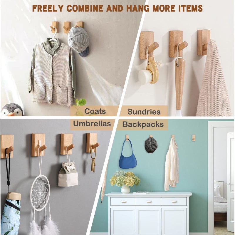 QUELLANCE Wood Coat Hooks Wall Mounted - 4 Pack Wall Hooks for Hanging Robe & Towel Hooks for Bathroom, Natural Handmade Hat Hooks Heavy Duty (Beech Wood) - Image 3