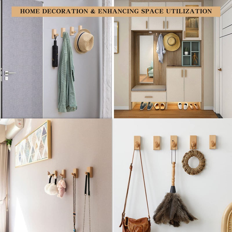 QUELLANCE Wood Coat Hooks Wall Mounted - 4 Pack Wall Hooks for Hanging Robe & Towel Hooks for Bathroom, Natural Handmade Hat Hooks Heavy Duty (Beech Wood) - Image 5