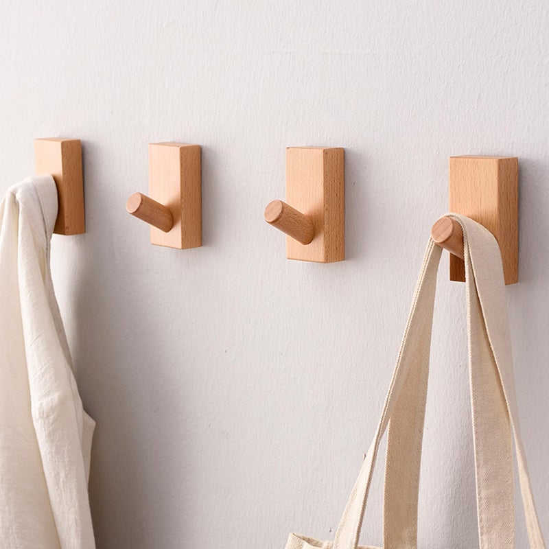 QUELLANCE Wood Coat Hooks Wall Mounted - 4 Pack Wall Hooks for Hanging Robe & Towel Hooks for Bathroom, Natural Handmade Hat Hooks Heavy Duty (Beech Wood) - Image 1