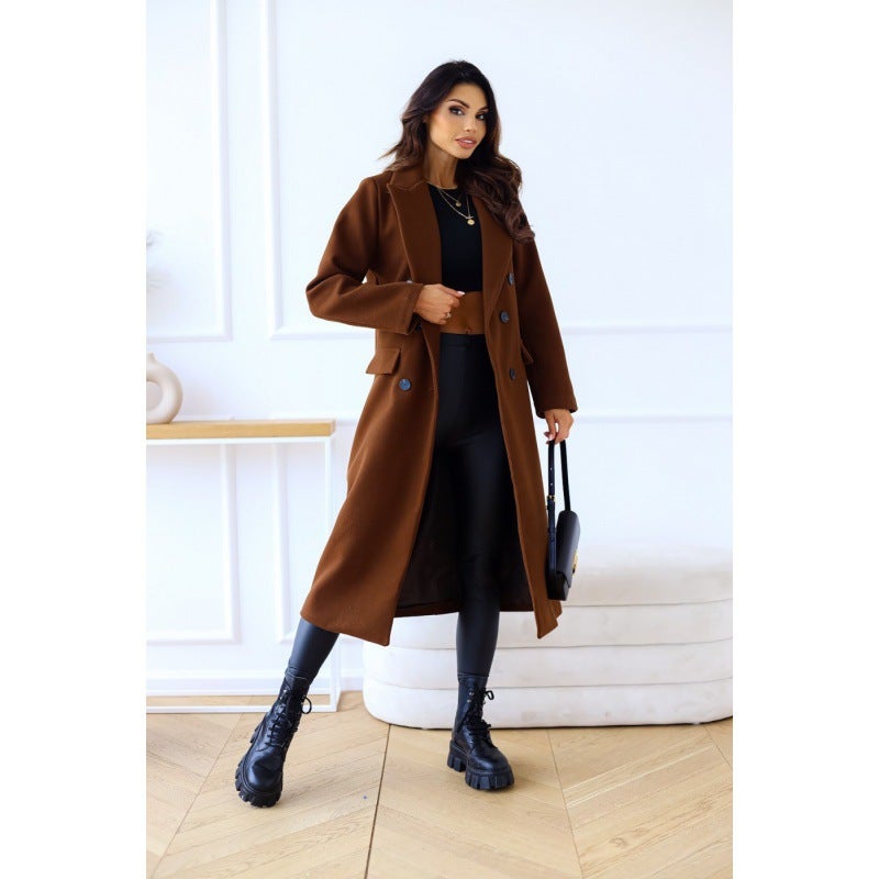 Independent Station EABY Amazon Explosions Autumn and Winter Simple Double-breasted Long-sleeved Lapel Button Woolen Jacket for Women Brown 
