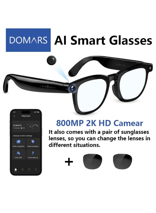 Domars AI Shooting Smart Bluetooth Glasses for Men & Women – 800W Pixel HD Camera, 2K Video Recording, AI Voice Assistant, Noise Canceling, Instant WiFi Transfer, Long-Lasting Battery for Travel, Sports & Office - Image 1