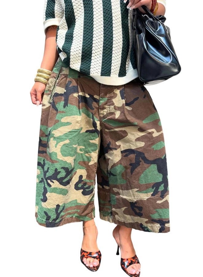 NRTHYE Womens Camo Cargo Jeans Army Fatigue Baggy Wide Leg High Waist Capris Camouflage Trousers Bermuda Boyfriend Pants, 00camo, XL - Image 1