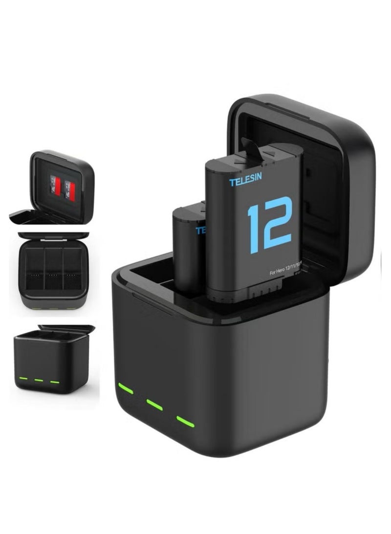 TELESIN Battery Charger Storage Box Compatible with GoPro HERO 12, 11, 10, 9 Triple Battery Dock with LED Indicator - Image 1