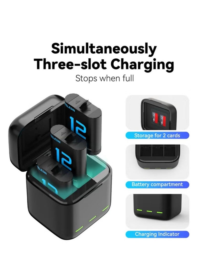 TELESIN Battery Charger Storage Box Compatible with GoPro HERO 12, 11, 10, 9 Triple Battery Dock with LED Indicator - Image 2