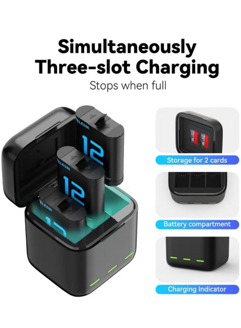 TELESIN Battery Charger Storage Box Compatible with GoPro HERO 12, 11, 10, 9 Triple Battery Dock with LED Indicator - Image 3