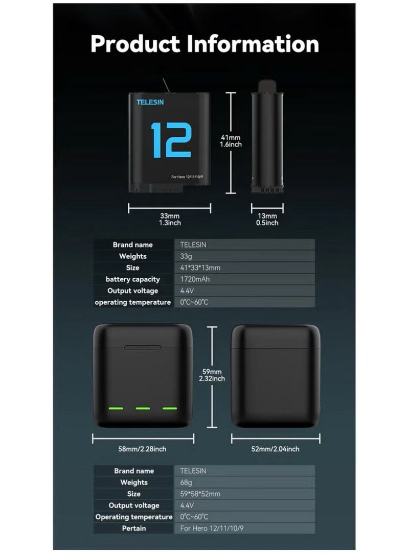 TELESIN Battery Charger Storage Box Compatible with GoPro HERO 12, 11, 10, 9 Triple Battery Dock with LED Indicator - Image 5