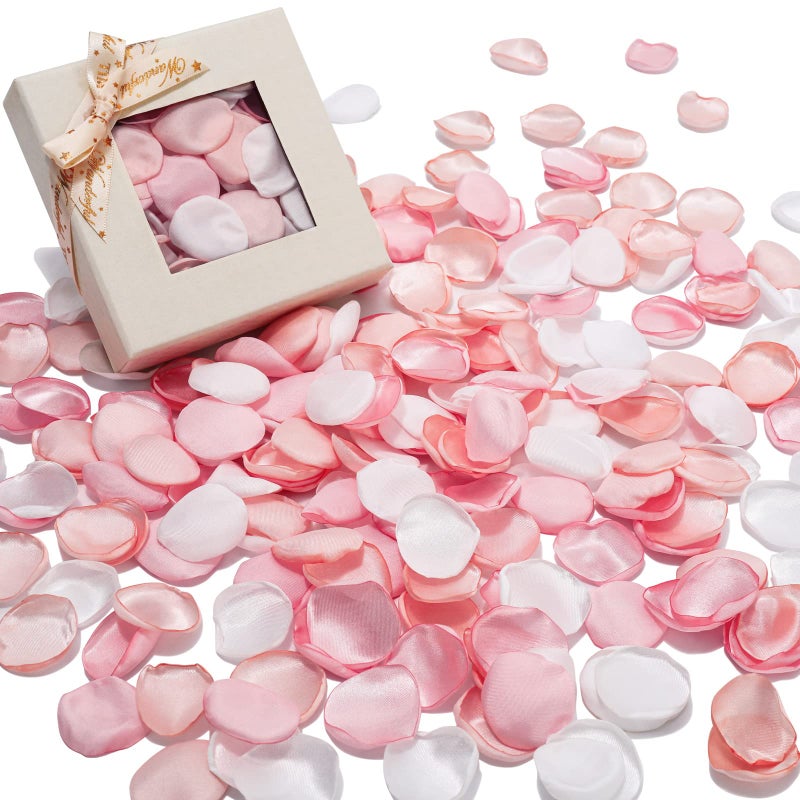 Whaline 300Pcs Silk Rose Petals with Box Blush Champagne Pink White Artificial Flower Petals for Bridal Shower Wedding Aisle Table Centerpieces Reception Tables Romantic Night Decoration