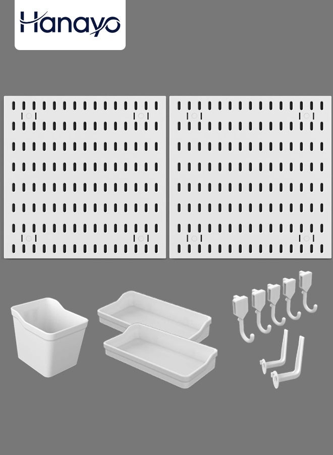 Hanayo Pegboard Assembly Set, No Drill DIY Hook and Basket Bracket Accessory Set, Includes 2 Square Pegboards + 10 Accessories, Wall Mounted Storage and Display Rack, Suitable for Wall Storage, Craft Organization, Decoration Display and Nursery Storage (White) - Image 1