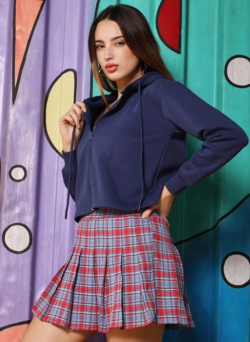 Campus Sutra Women's Admiral Blue Zip-Front Crop Hoodie