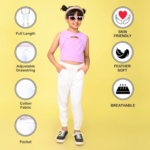 Nusyl Girls Solid Track Pants for Kids | Soft Cotton Blend | Comfortable Fit | Everyday Casual Wear | 2-17 Years | White - Image 5