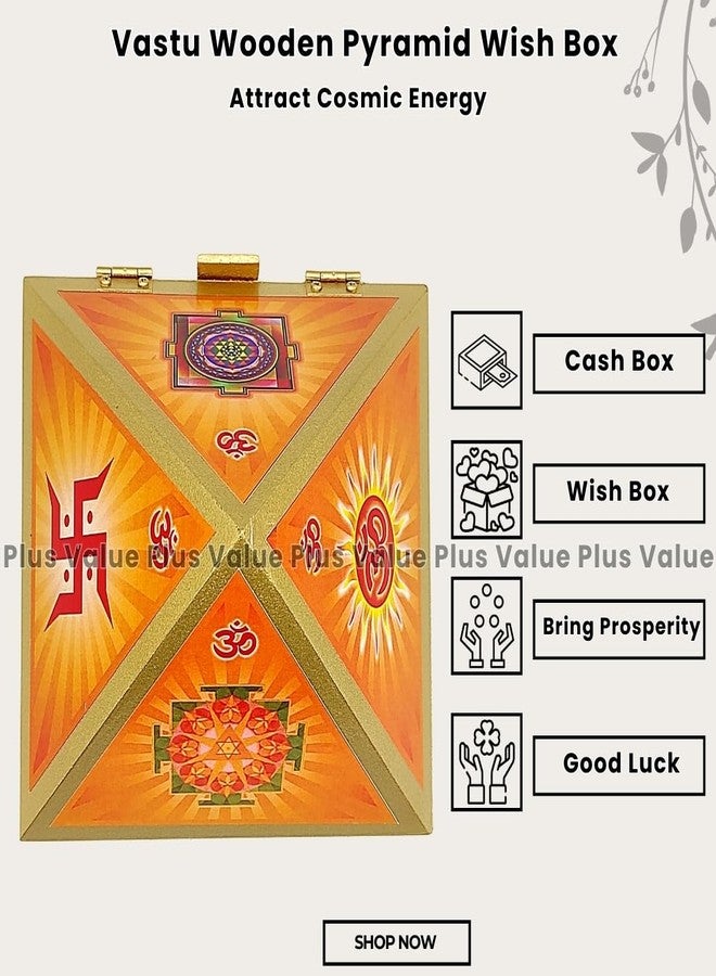Plus Value Vastu Wooden Pyramid Wish Cash Reiki Box with Yantra Stickers Wish Fulfillment Home Decor Decoration (Size: 4-Inches, Fengshui Remedies for Home, Office & Temple) - Image 3