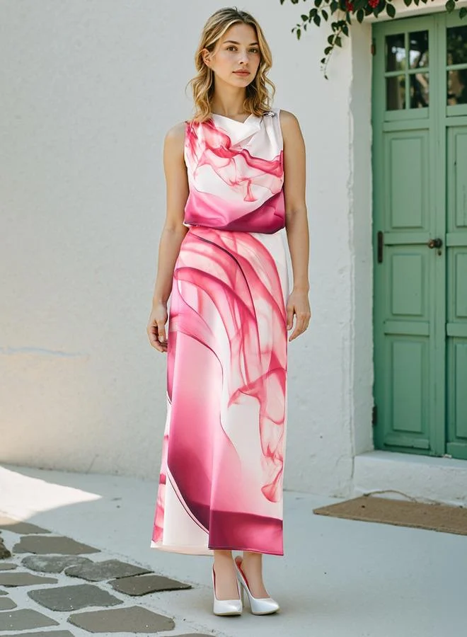 Iconic Iconic Printed Sleeveless Cowl Neck Top with Metal Accent