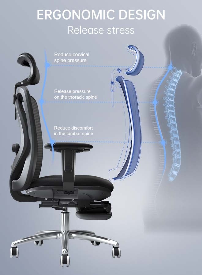 SIHOO Office Chair Ergonomic Desk Office Chair with Footrest, Breathable Mesh Design High Back Computer Chair, Adjustable Headrest and Lumbar Support (Black) - Image 2