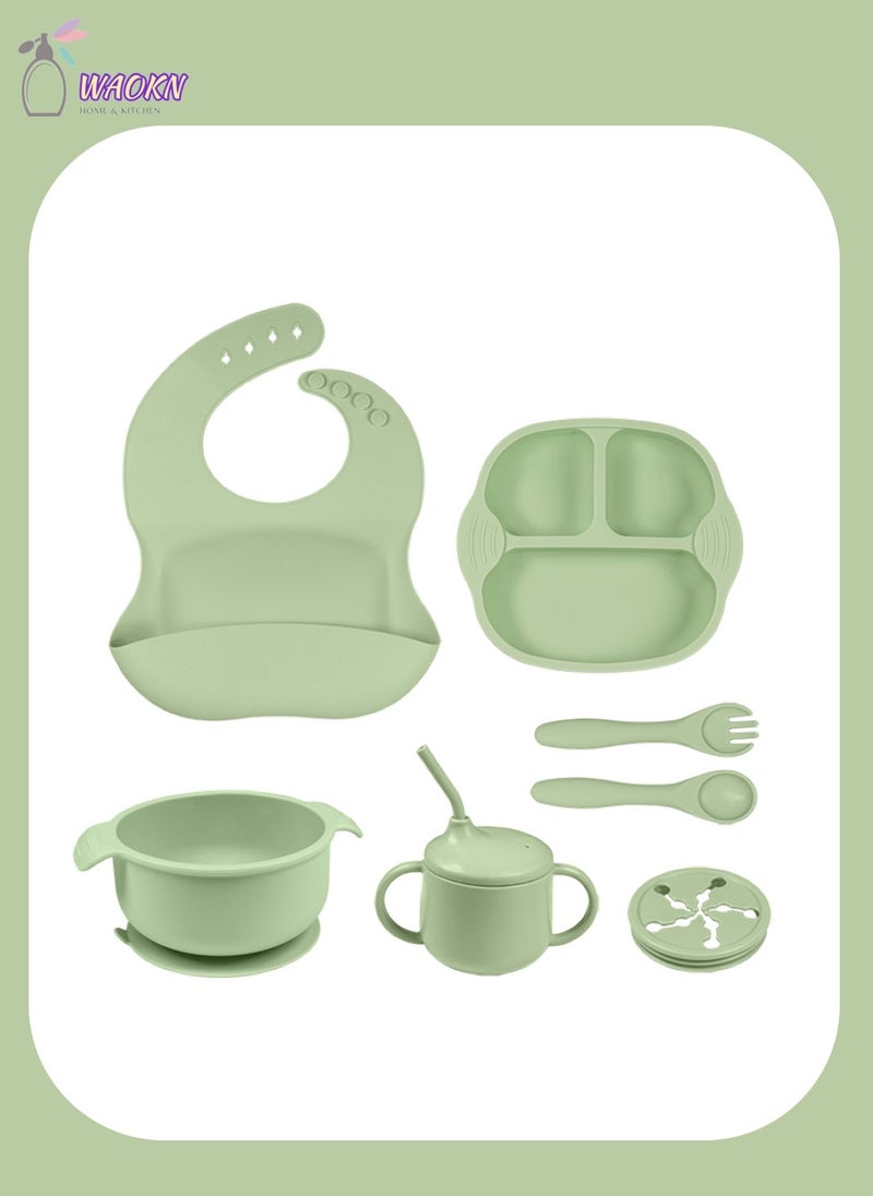 WAOKN 7-Piece Baby Silicone Tableware Set, Special For Infants To Eat Their Own Training Tableware Set, Including Dinner Plate, Complementary Food Bowl, Sippy Cup, Bib, Fork, Spoon, Snack Cover  - Image 1