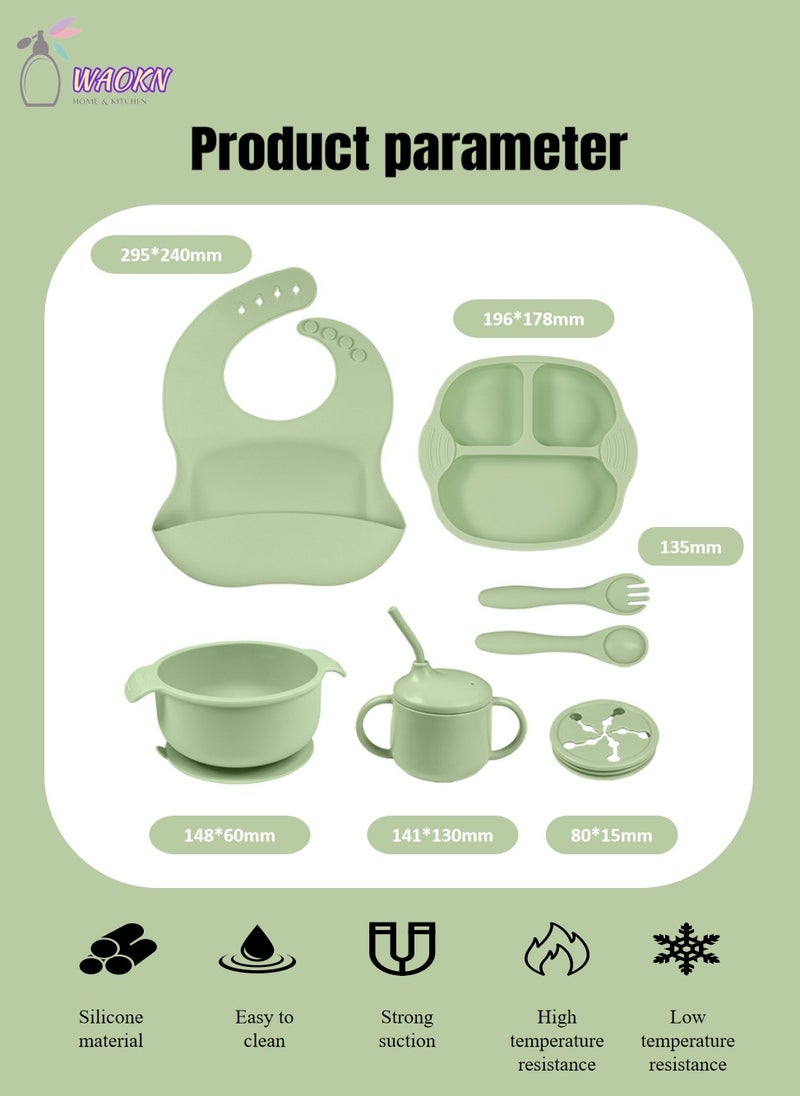 WAOKN 7-Piece Baby Silicone Tableware Set, Special For Infants To Eat Their Own Training Tableware Set, Including Dinner Plate, Complementary Food Bowl, Sippy Cup, Bib, Fork, Spoon, Snack Cover  - Image 2