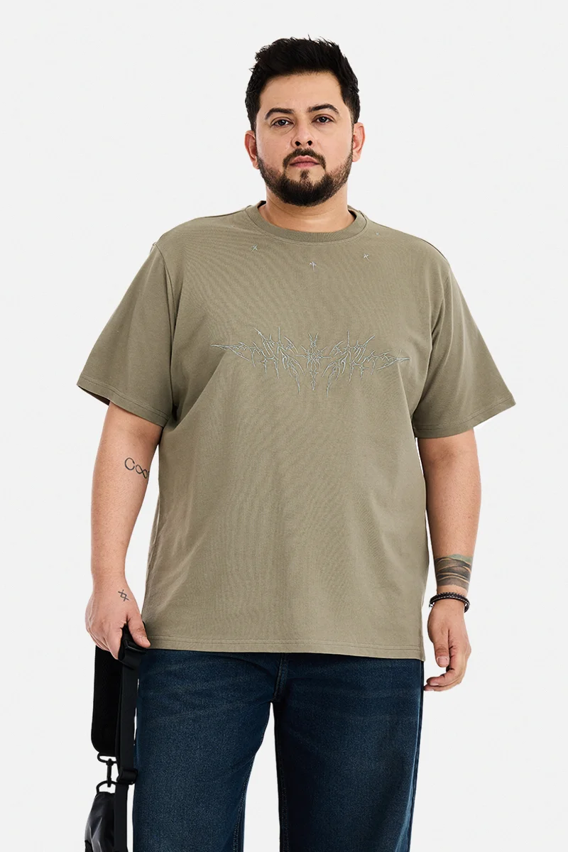 سنيتش Khaki Embroidered Half Sleeve Regular Fit Plus Size T-Shirt