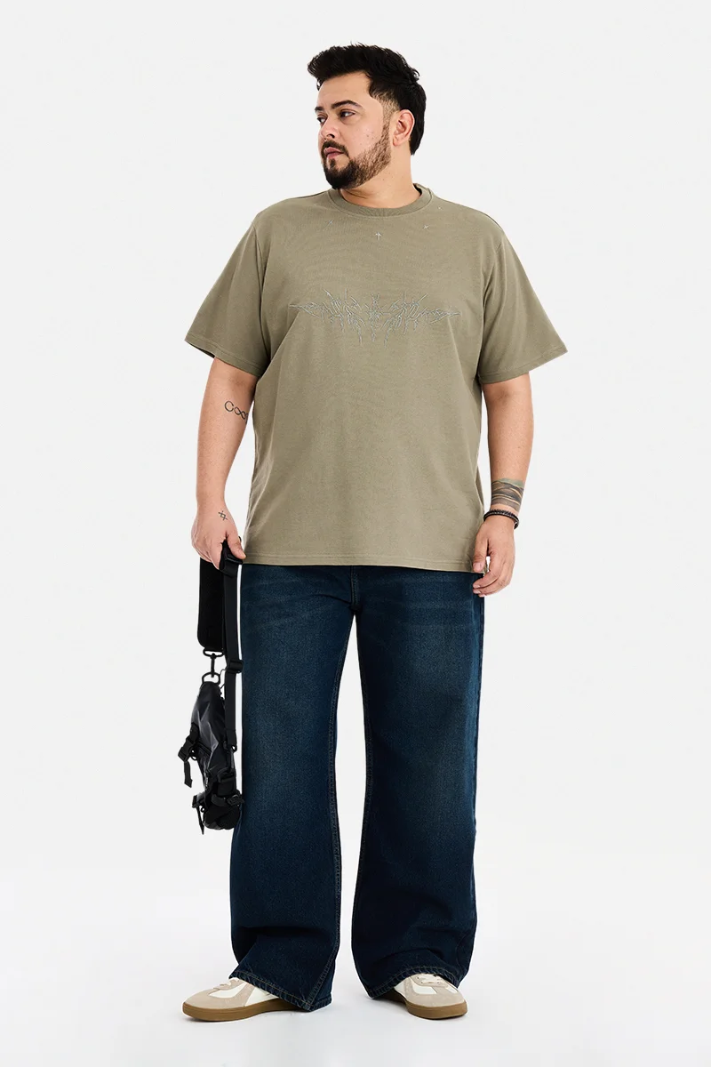 سنيتش Khaki Embroidered Half Sleeve Regular Fit Plus Size T-Shirt