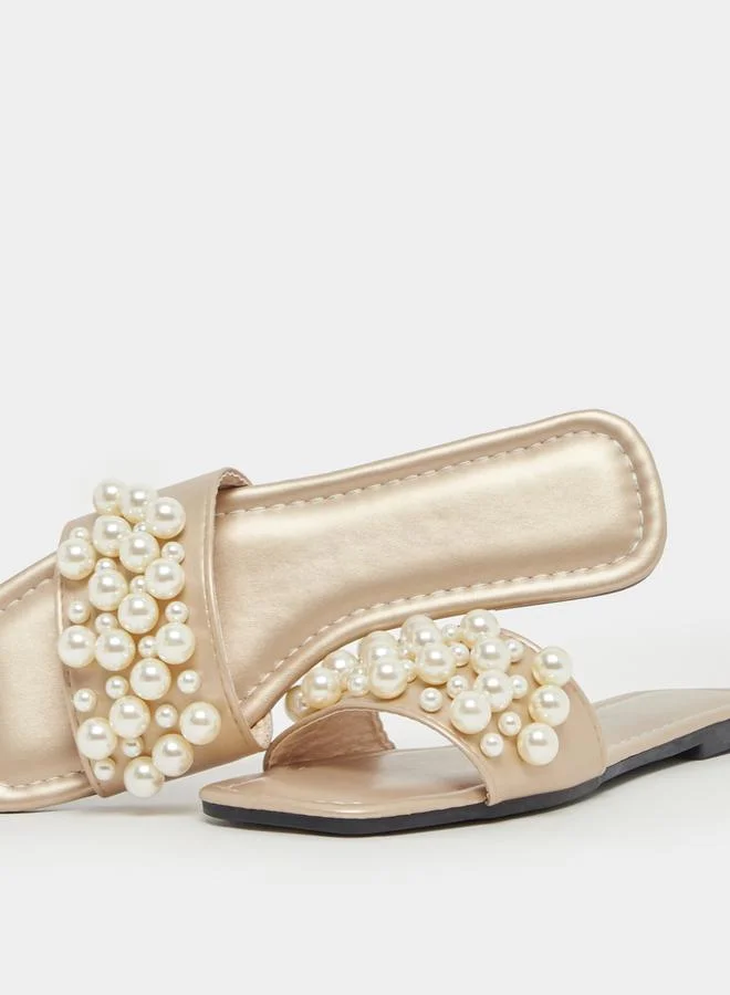 Styli Styli Faux Pearl Detail Slip on Flat Sandals
