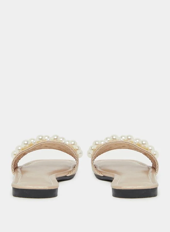 Styli Styli Faux Pearl Detail Slip on Flat Sandals