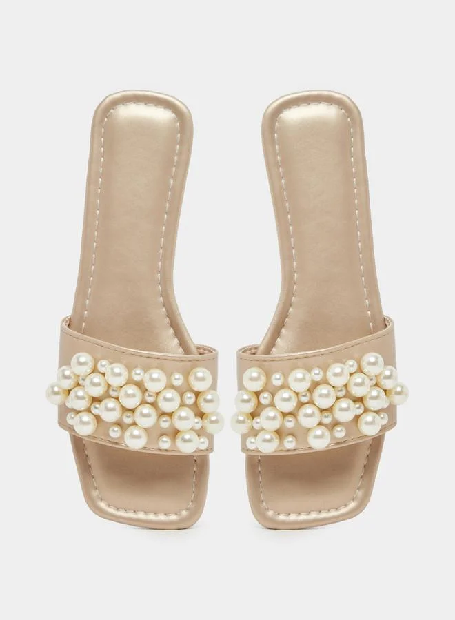 Styli Styli Faux Pearl Detail Slip on Flat Sandals