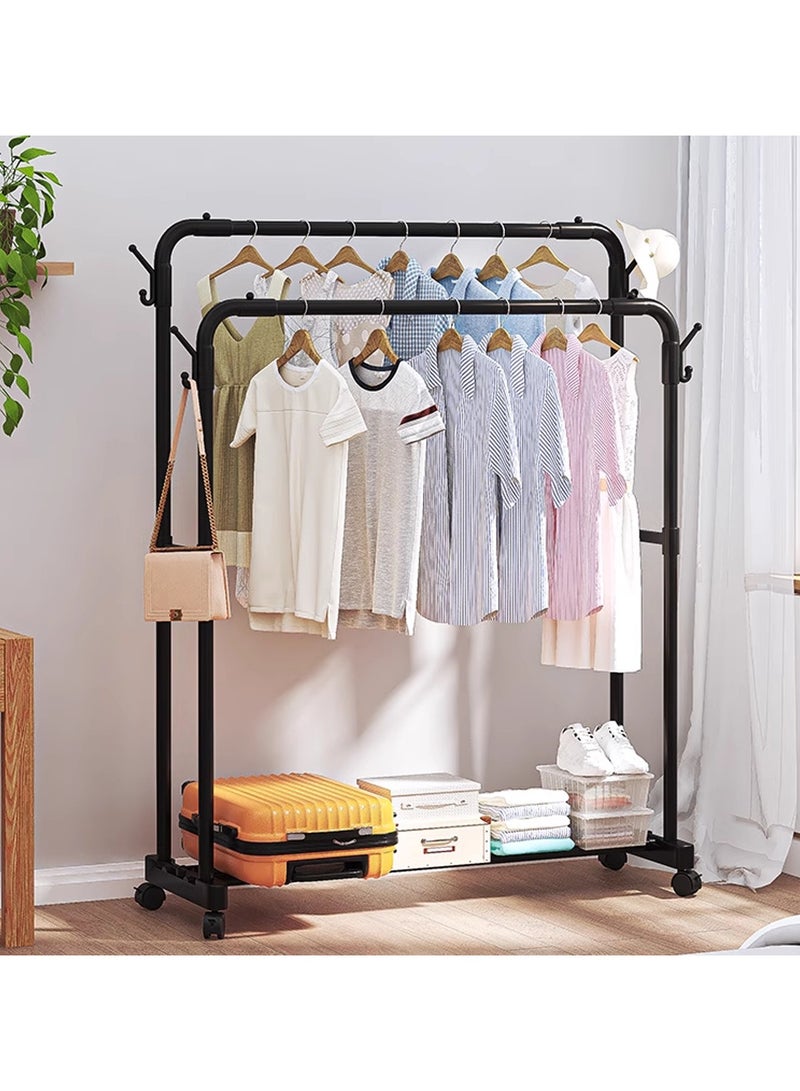 LINGWEI Garment Rack with Wheels Double Rod Clothing Rack Organizer with Storage Shelves & Hooks - Image 1
