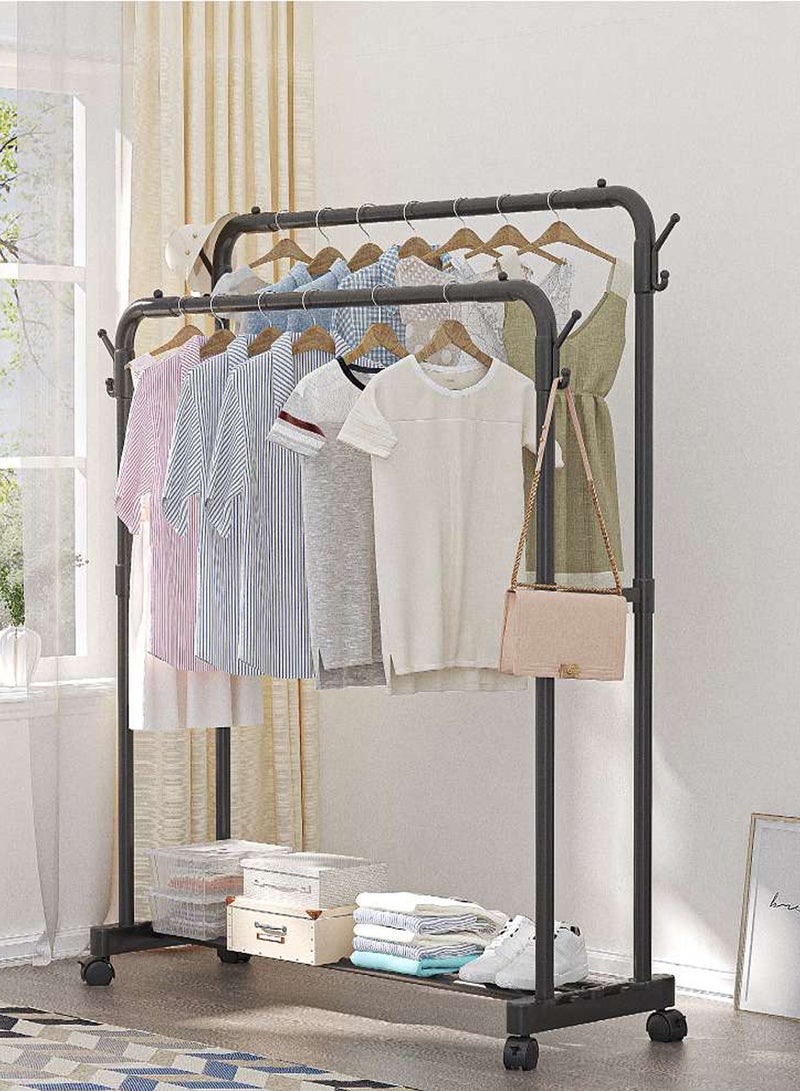 LINGWEI Garment Rack with Wheels Double Rod Clothing Rack Organizer with Storage Shelves & Hooks - Image 2