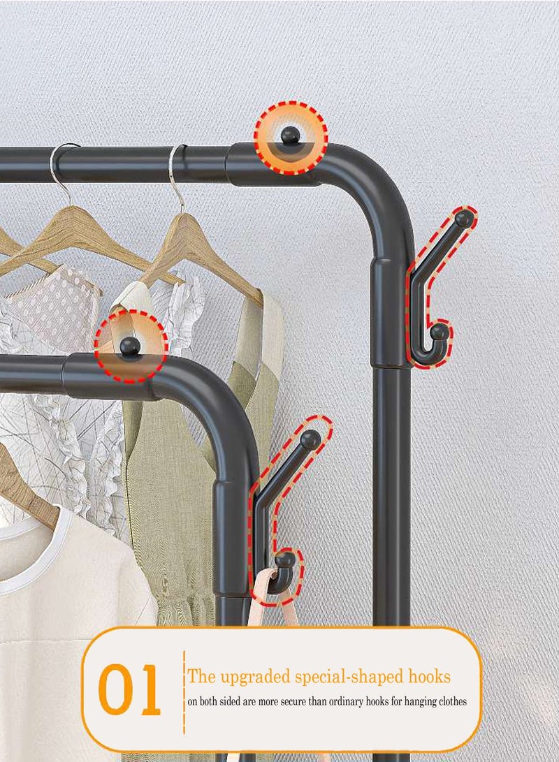 LINGWEI Garment Rack with Wheels Double Rod Clothing Rack Organizer with Storage Shelves & Hooks - Image 3