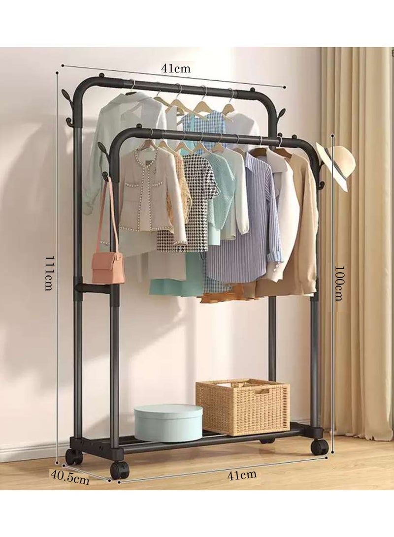 LINGWEI Garment Rack with Wheels Double Rod Clothing Rack Organizer with Storage Shelves & Hooks - Image 4