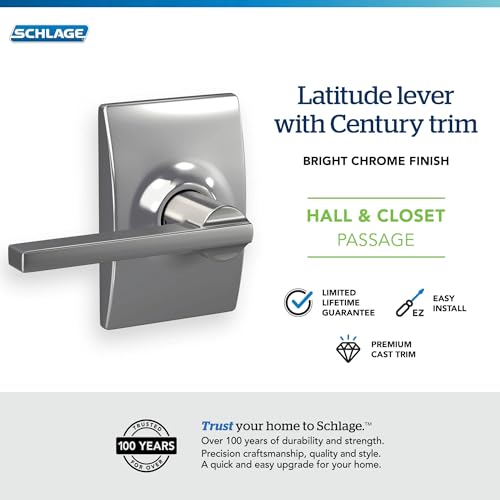 Schlage F10 LAT 625 CEN Latitude Door Lever with Century Trim, Hall & Closet Passage Lock, Bright Chrome - Image 5