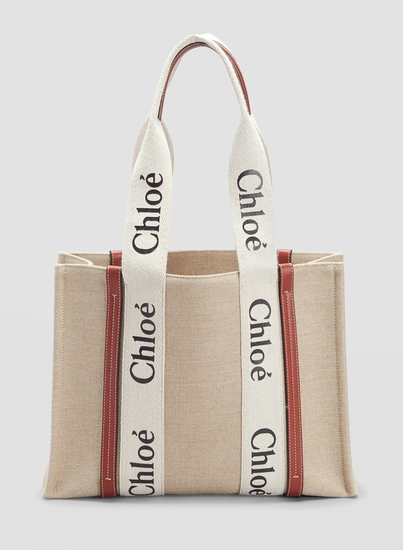 Chloe Woody Medium Women Tote Bag in Linen, Women Shoulder Bag, Women Hand Bag, Women's Travel Bag, Women's Shopping Bag, White-Brown - Image 1