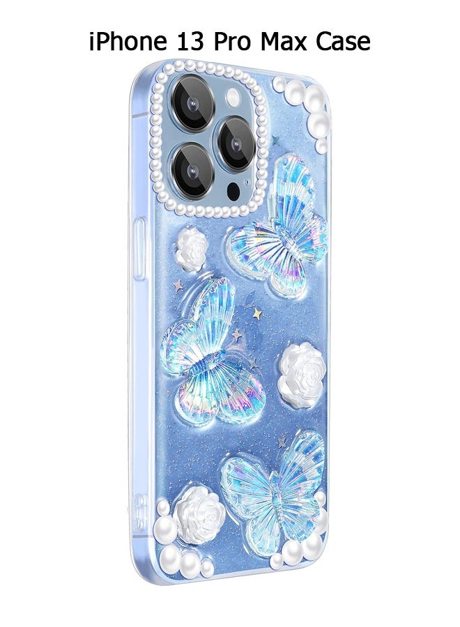 دبليو أف أف أو متوافق مع جراب آيفون 13 برو ماكس - جراب هاتف 3D Butterfly Rose Flower Shiny Girl - جراب هاتف شفاف - مع جراب هاتف Aesthetic Rose Floral لامع - حماية من السقوط TPU - Crystal Butterfly - Image 1