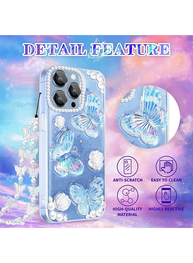دبليو أف أف أو متوافق مع جراب آيفون 13 برو ماكس - جراب هاتف 3D Butterfly Rose Flower Shiny Girl - جراب هاتف شفاف - مع جراب هاتف Aesthetic Rose Floral لامع - حماية من السقوط TPU - Crystal Butterfly - Image 2