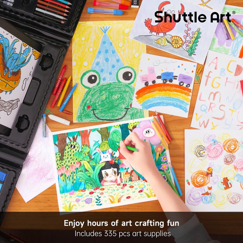 Shuttle Art 335 Piece Kids Art Set, Multi-Media Art Supplies, Gift Art Kit with Trifold Easel, 2 Drawing Pads, 2 Coloring Books, Oil Pastels, Crayons, Watercolors, Markers, Colored Pencils (Black) - Image 5
