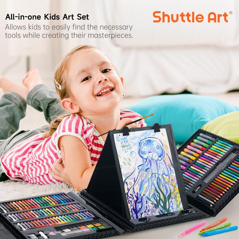 Shuttle Art 335 Piece Kids Art Set, Multi-Media Art Supplies, Gift Art Kit with Trifold Easel, 2 Drawing Pads, 2 Coloring Books, Oil Pastels, Crayons, Watercolors, Markers, Colored Pencils (Black) - Image 2