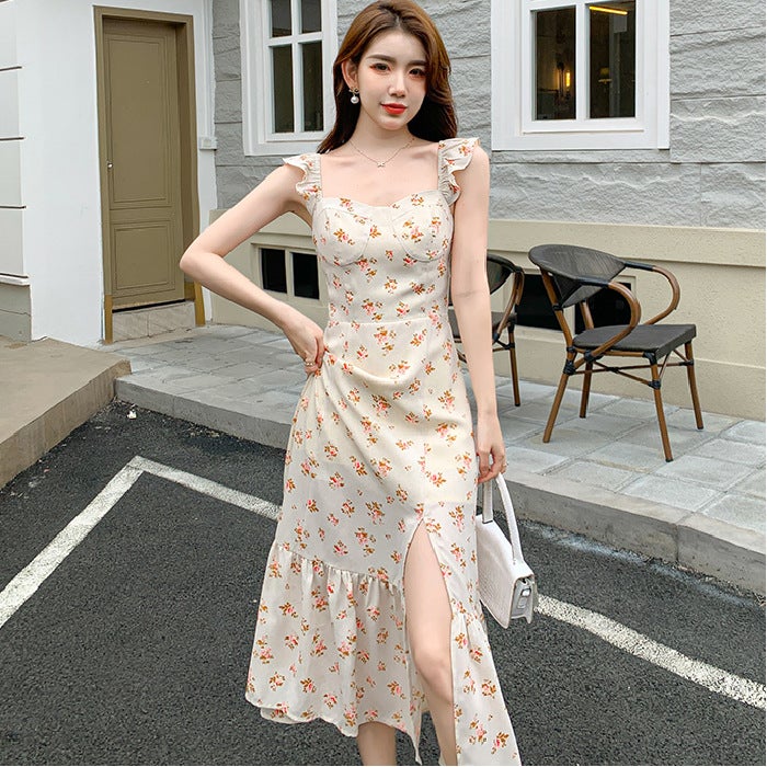 Dress 2023 New Womens Summer French Style Retro Tight Waist Slimming Elegant Floral Split Gentle Style Slip Dress Apricot 