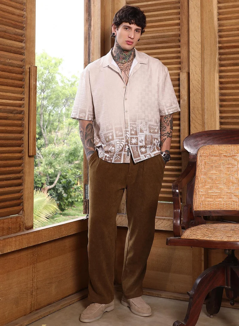 Campus Sutra Campus Sutra Men's Ecru Beige Tropics Ombre-Tactile Shirt For Casual Wear | Cuban Collar | Short Regular Sleeves | Button Closure | Oversized Shirt Crafted With Comfort Fit For Everyday Wear