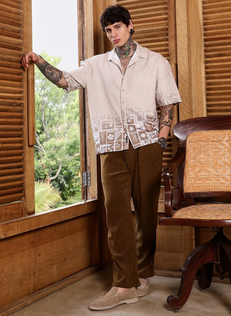Campus Sutra Campus Sutra Men's Ecru Beige Tropics Ombre-Tactile Shirt For Casual Wear | Cuban Collar | Short Regular Sleeves | Button Closure | Oversized Shirt Crafted With Comfort Fit For Everyday Wear